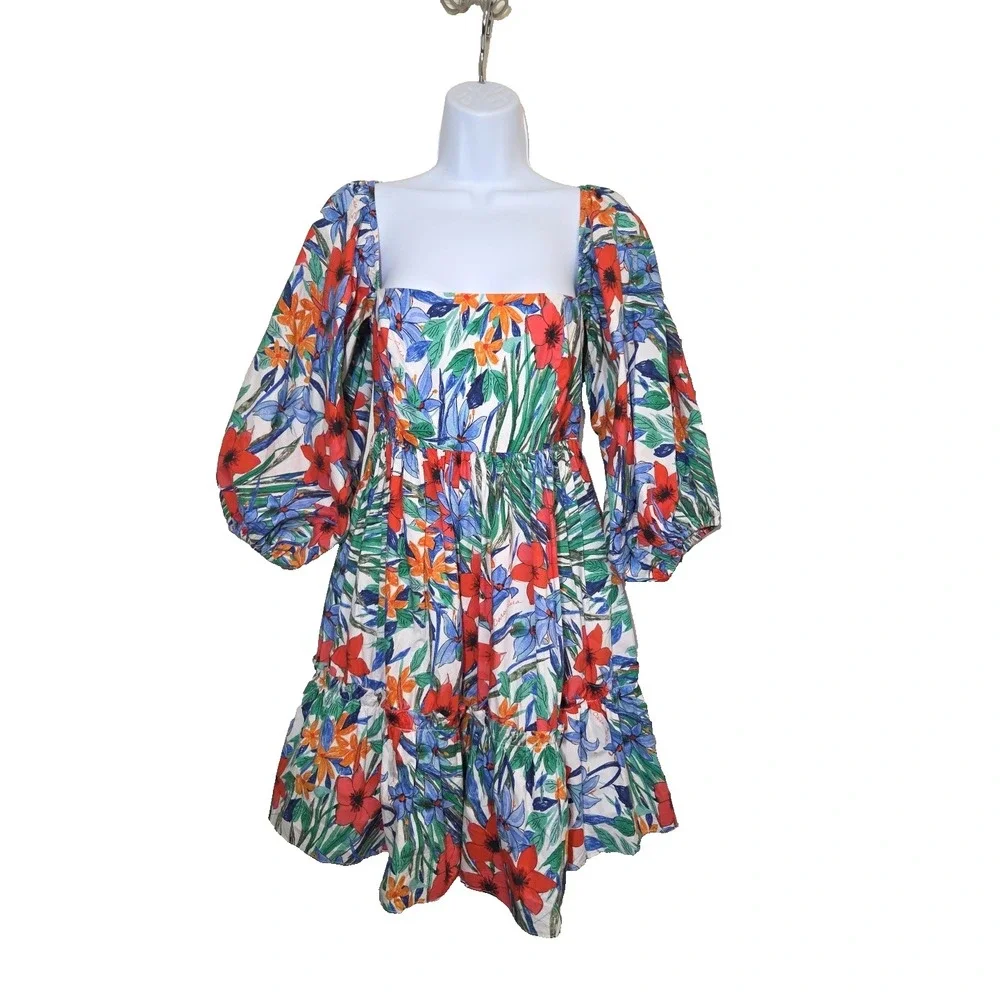 Cara Cara Sip Sip Garden Print Colorful Puff Sleeve Floral Mini Dress‎ Ruffle S